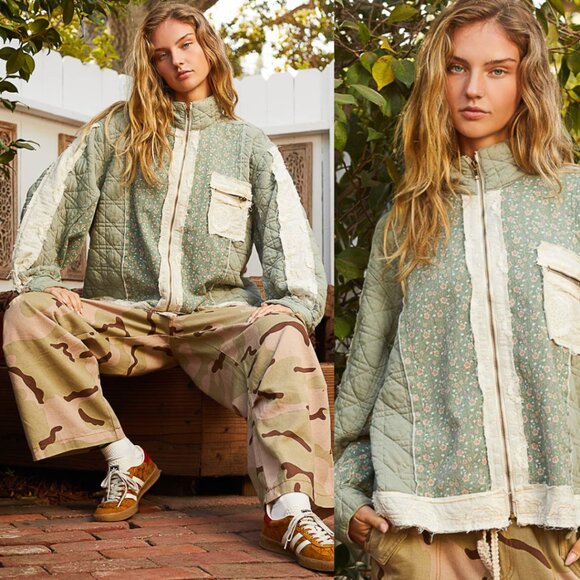 POL Quilted Jacket with Floral Print and Patchwork Seafoam NWT - Picture 2 of 2